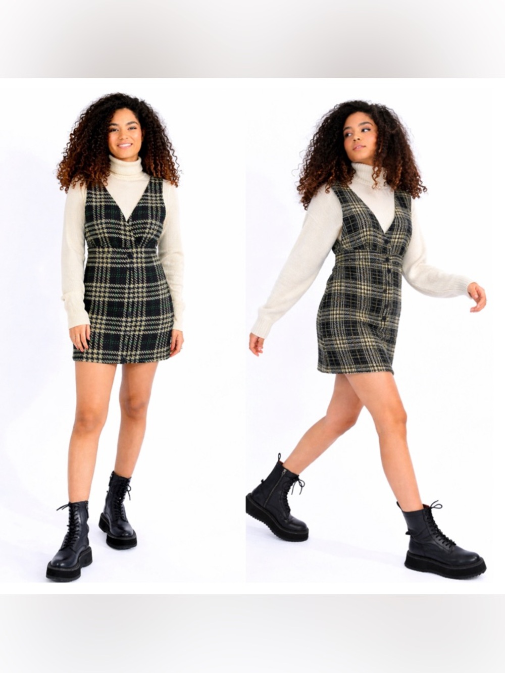 Lili Sidonio Women Plaid Pinafore Jumper Mini Dress Sz M Tweed Preppy Academia